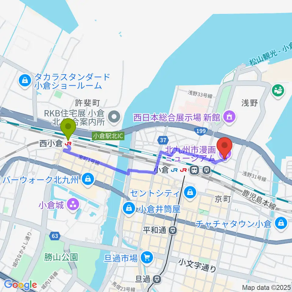 西小倉駅からサウンドブギー小倉店へのルートマップ地図