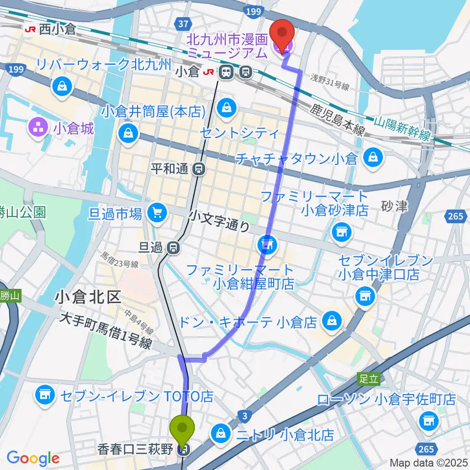 香春口三萩野駅からサウンドブギー小倉店へのルートマップ地図