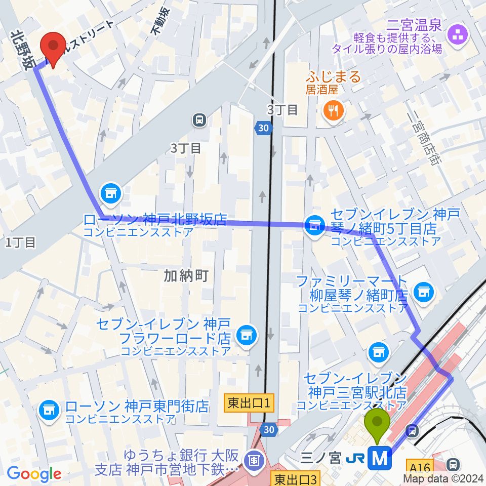 三ノ宮エリースの最寄駅三ノ宮駅からの徒歩ルート（約8分）地図