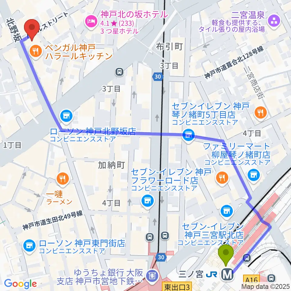 三ノ宮エリースの最寄駅三ノ宮駅からの徒歩ルート（約8分）地図