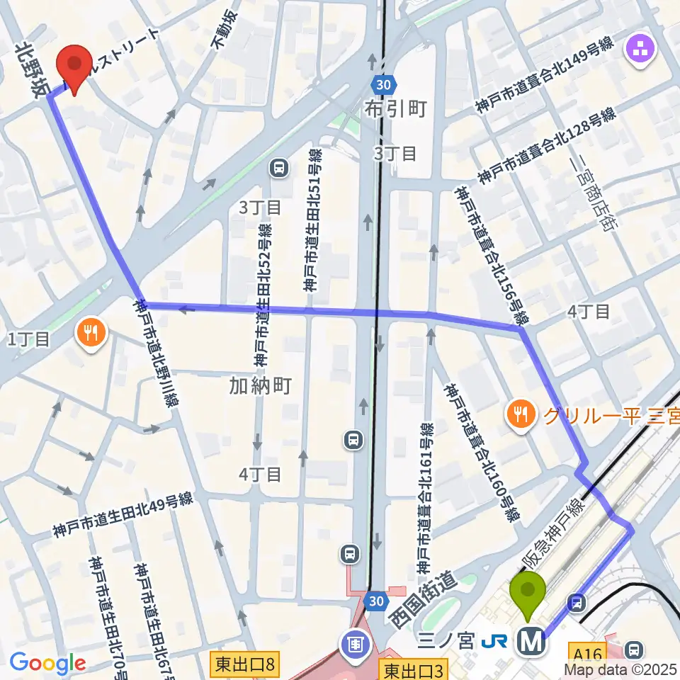 三ノ宮エリースの最寄駅三ノ宮駅からの徒歩ルート（約8分）地図