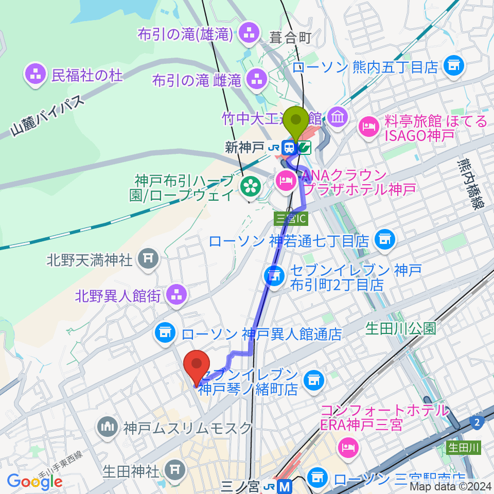 新神戸駅から三ノ宮エリースへのルートマップ地図