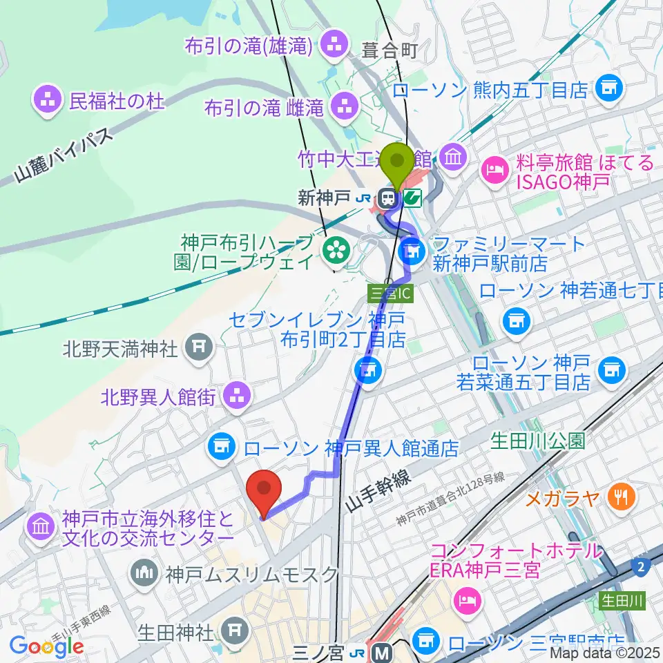 新神戸駅から三ノ宮エリースへのルートマップ地図