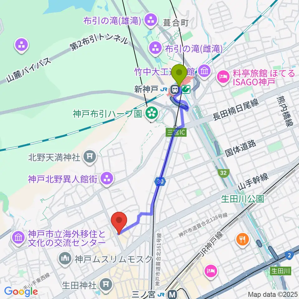 新神戸駅から三ノ宮エリースへのルートマップ地図