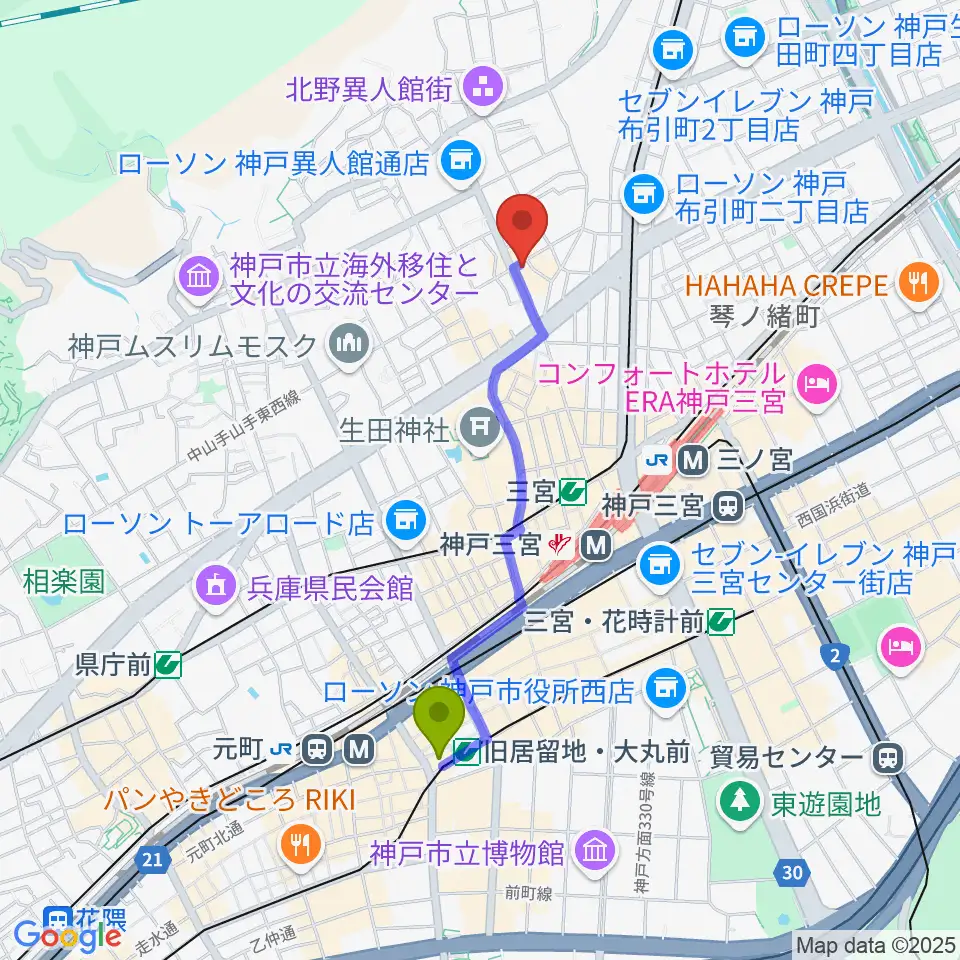 旧居留地・大丸前駅から三ノ宮エリースへのルートマップ地図