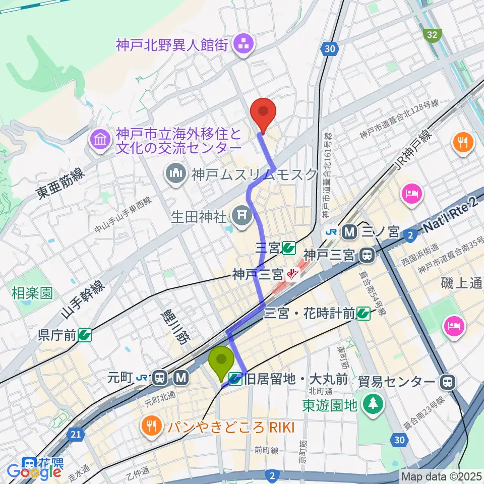 旧居留地・大丸前駅から三ノ宮エリースへのルートマップ地図