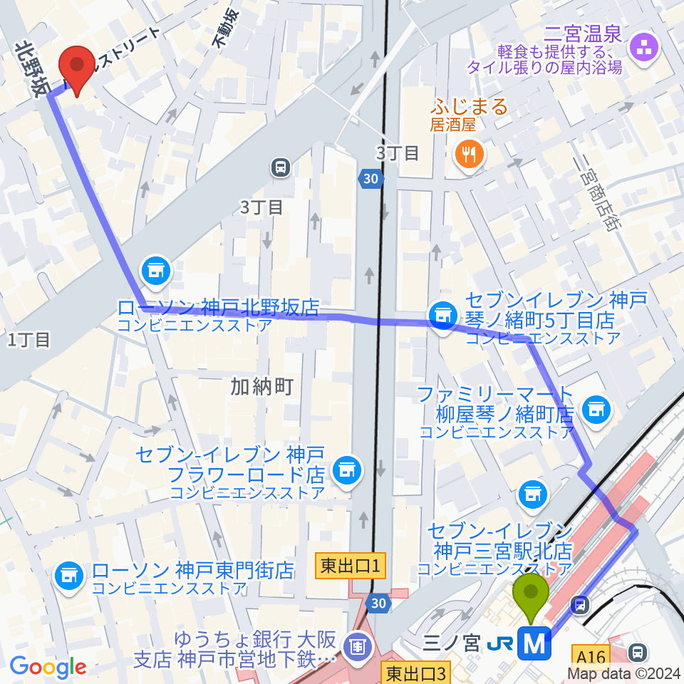 神戸ベイズンストリートの最寄駅三ノ宮駅からの徒歩ルート（約8分）地図