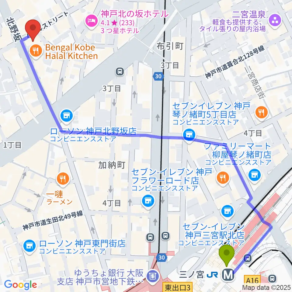 神戸ベイズンストリートの最寄駅三ノ宮駅からの徒歩ルート（約8分）地図