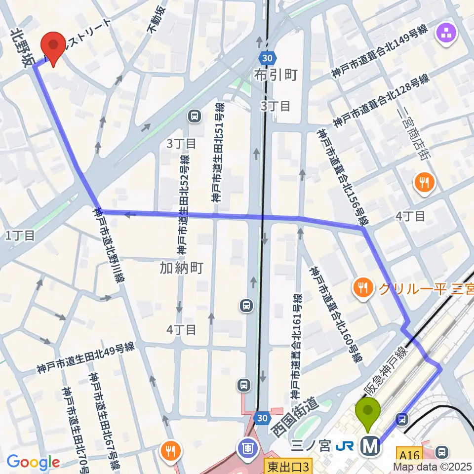 神戸ベイズンストリートの最寄駅三ノ宮駅からの徒歩ルート（約8分）地図