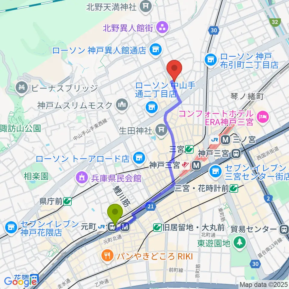 元町駅から神戸ベイズンストリートへのルートマップ地図