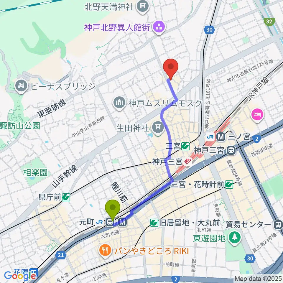 元町駅から神戸ベイズンストリートへのルートマップ地図