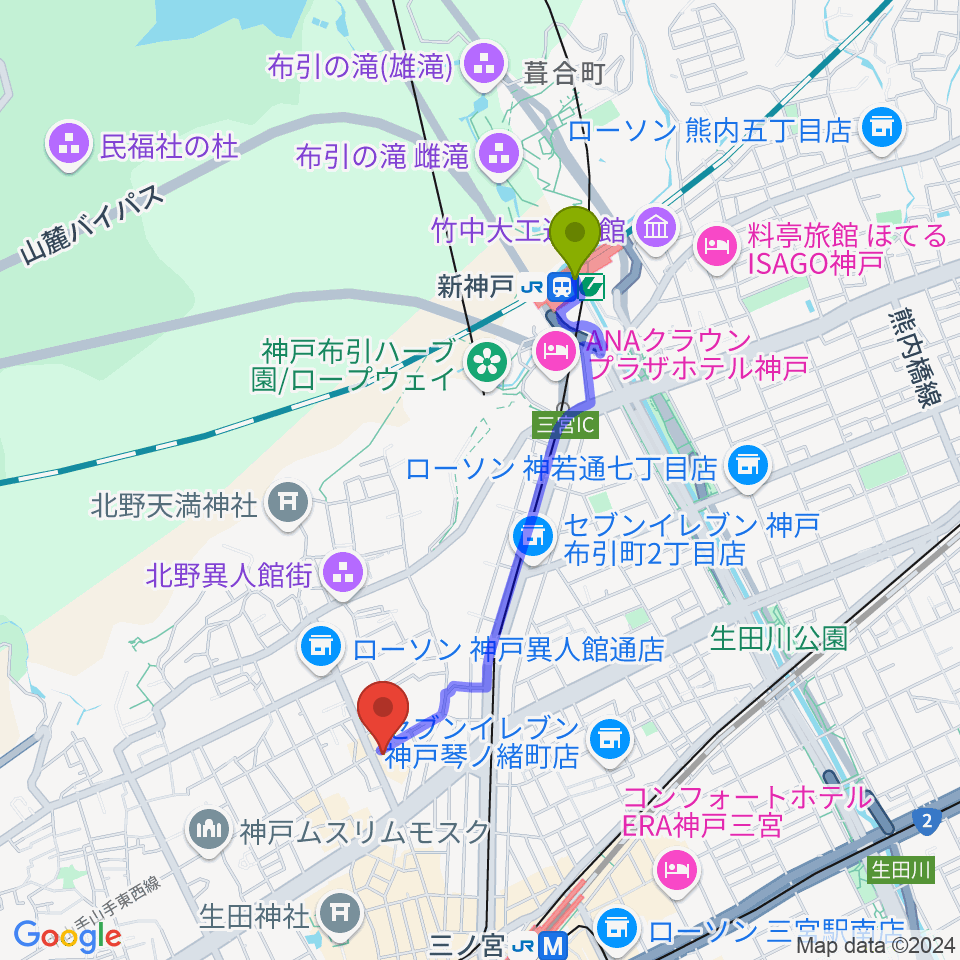 新神戸駅から神戸ベイズンストリートへのルートマップ地図