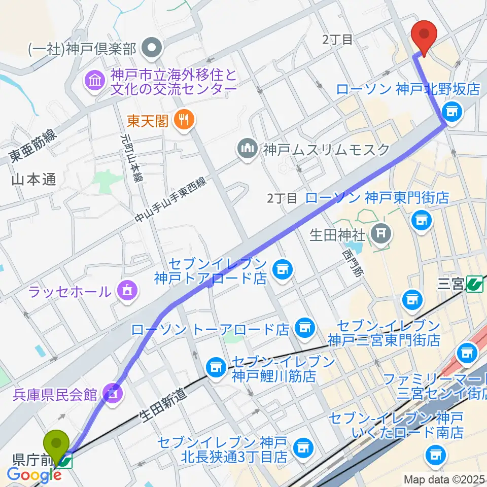県庁前駅から神戸ベイズンストリートへのルートマップ地図