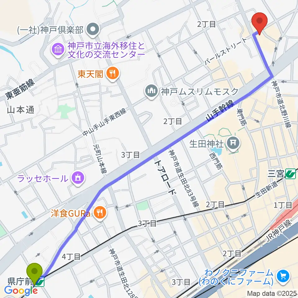 県庁前駅から神戸ベイズンストリートへのルートマップ地図
