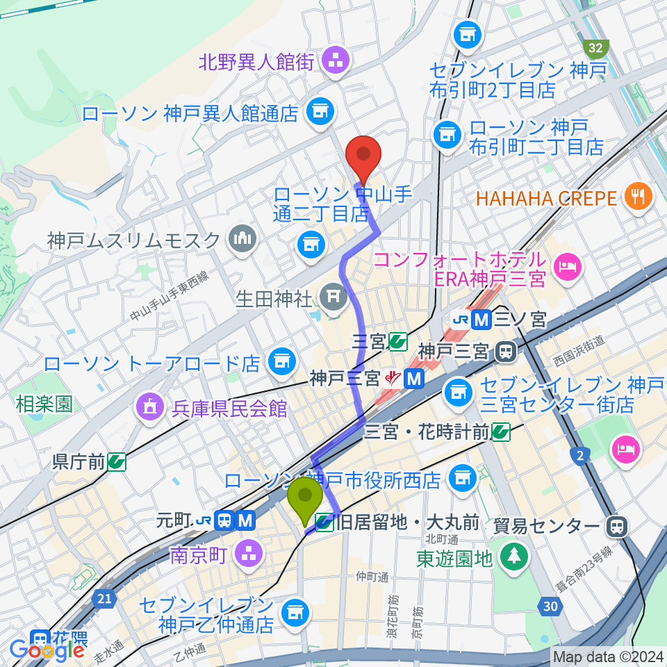 旧居留地・大丸前駅から神戸ベイズンストリートへのルートマップ地図