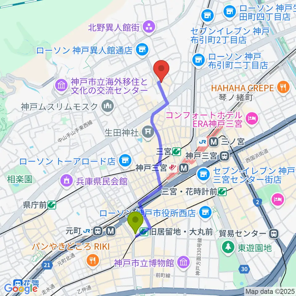 旧居留地・大丸前駅から神戸ベイズンストリートへのルートマップ地図