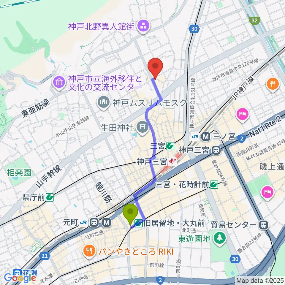 旧居留地・大丸前駅から神戸ベイズンストリートへのルートマップ地図