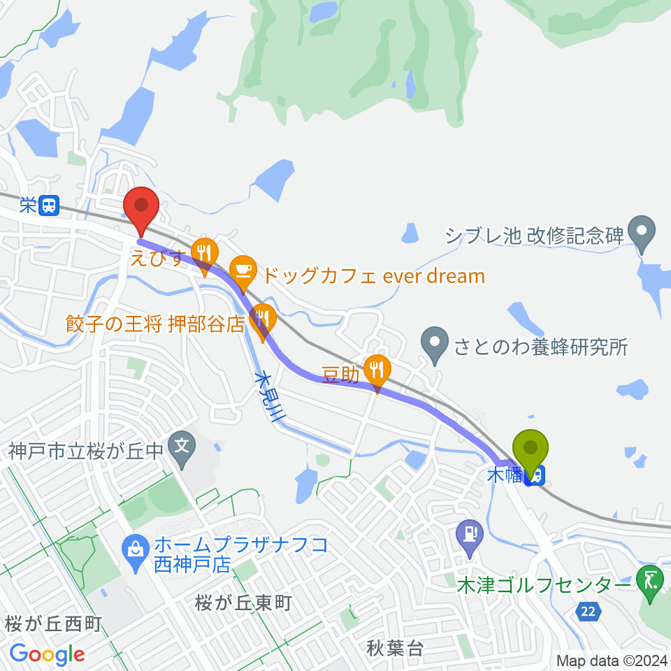 木幡駅から神戸スイングヴィルへのルートマップ地図