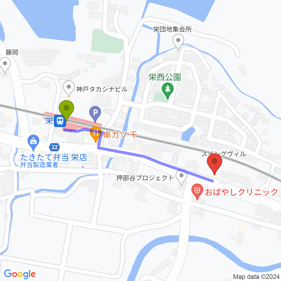 神戸スイングヴィルの最寄駅栄駅からの徒歩ルート（約4分）地図