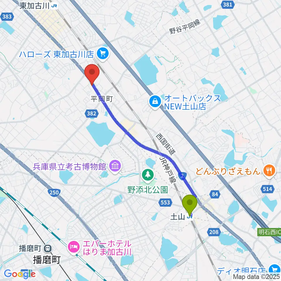 土山駅から東加古川スターダンスへのルートマップ地図