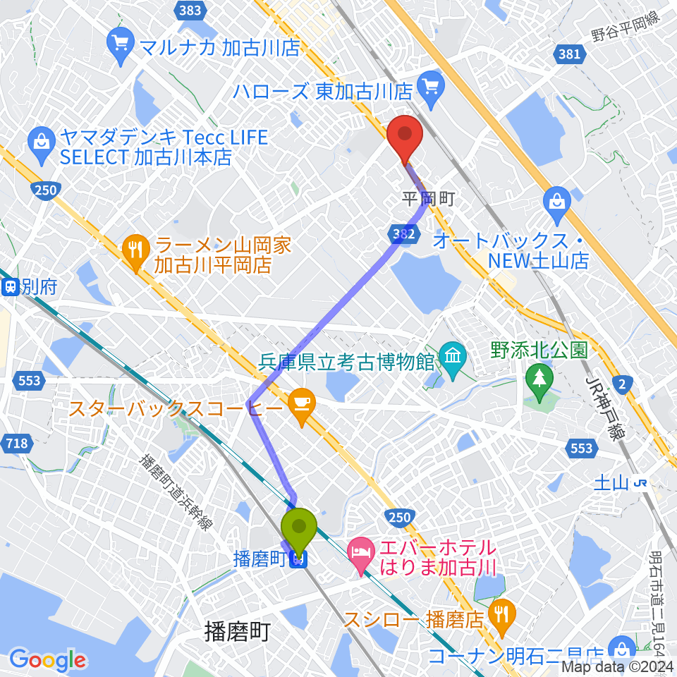 播磨町駅から東加古川スターダンスへのルートマップ地図