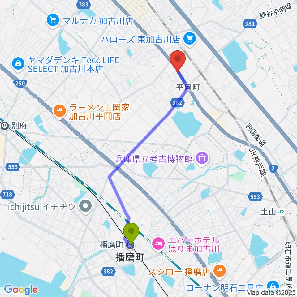 播磨町駅から東加古川スターダンスへのルートマップ地図