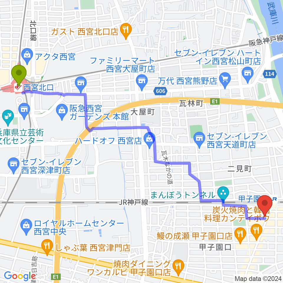 西宮北口駅から沖田BARへのルートマップ地図
