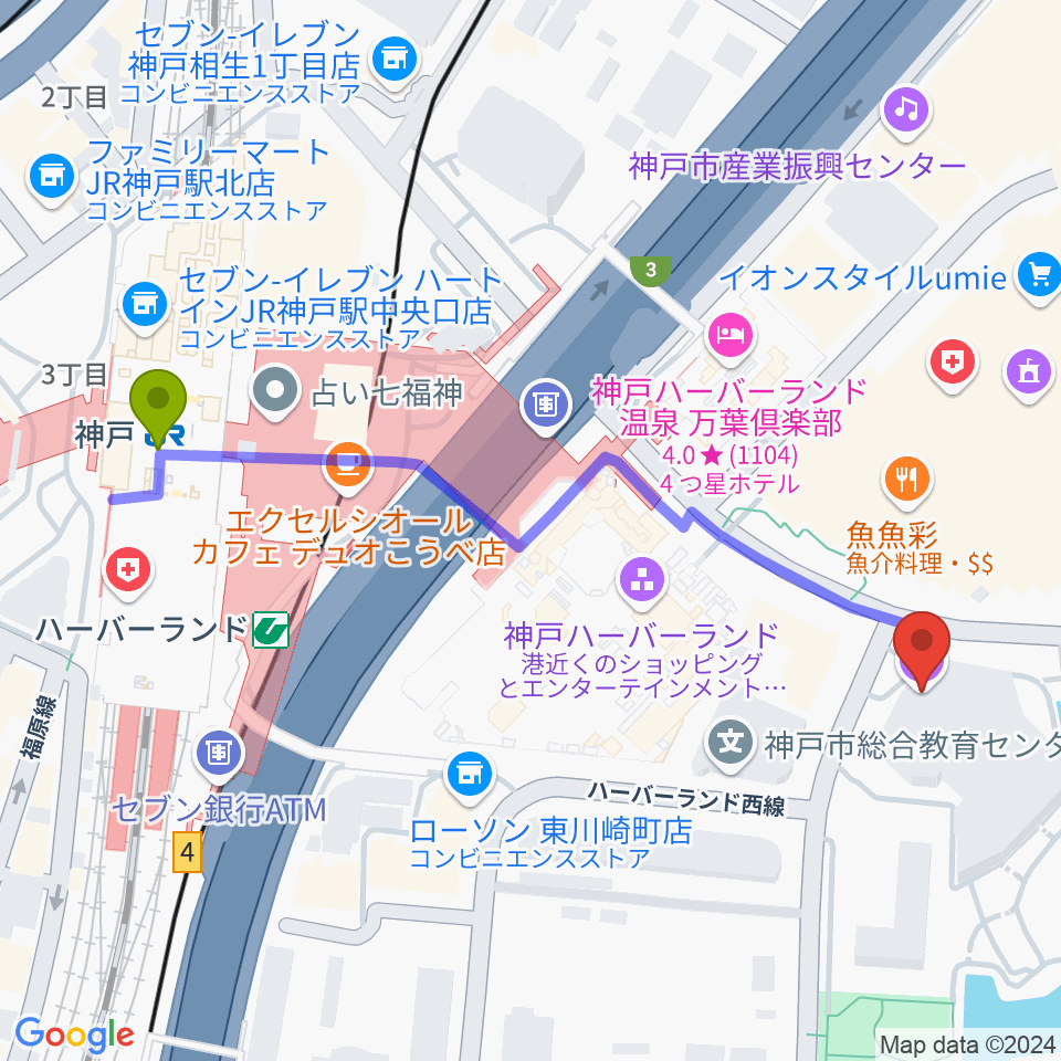 神戸新聞松方ホールの最寄駅神戸駅からの徒歩ルート（約6分）地図