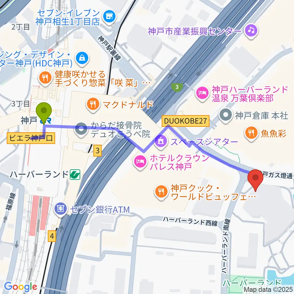 神戸新聞松方ホールの最寄駅神戸駅からの徒歩ルート（約6分）地図
