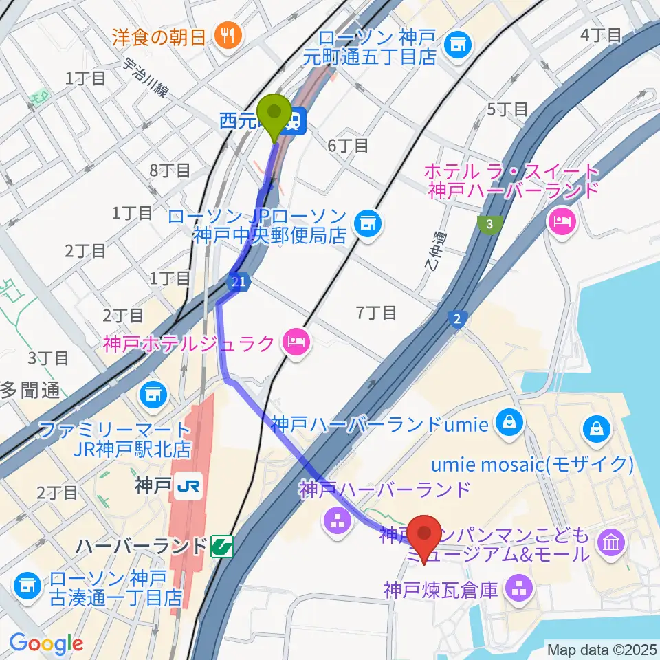 西元町駅から神戸新聞松方ホールへのルートマップ地図