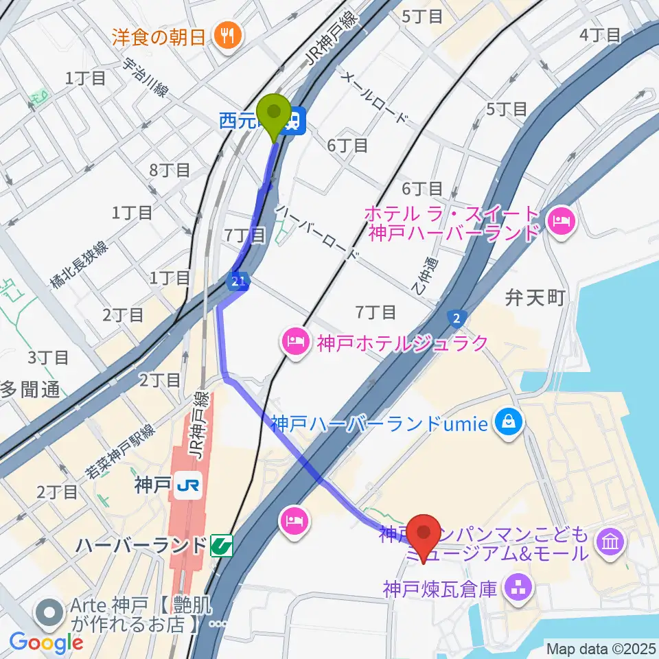 西元町駅から神戸新聞松方ホールへのルートマップ地図