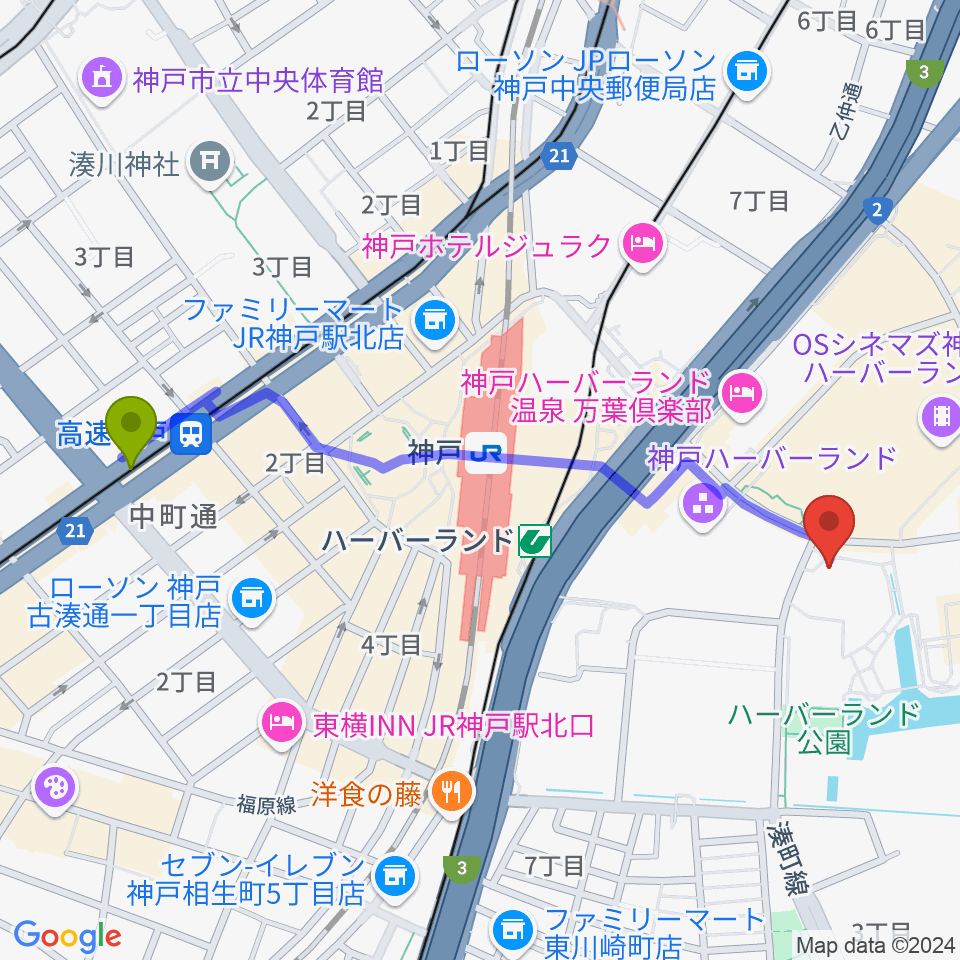 高速神戸駅から神戸新聞松方ホールへのルートマップ地図