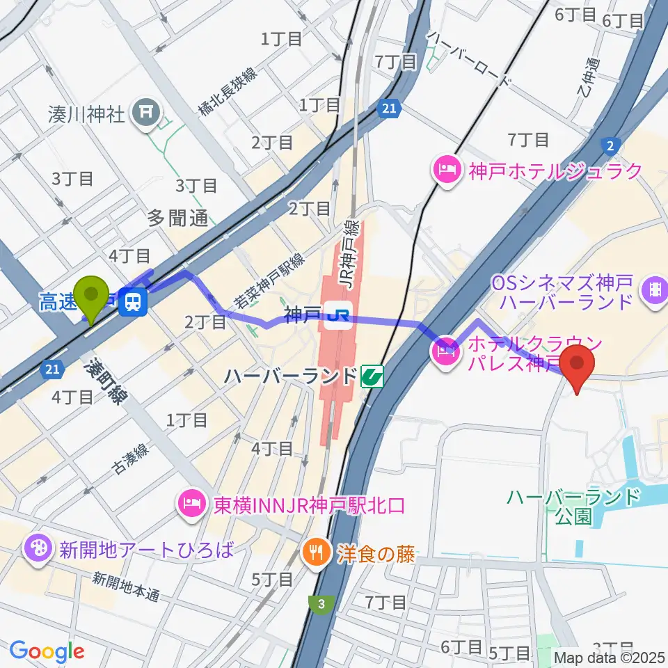 高速神戸駅から神戸新聞松方ホールへのルートマップ地図