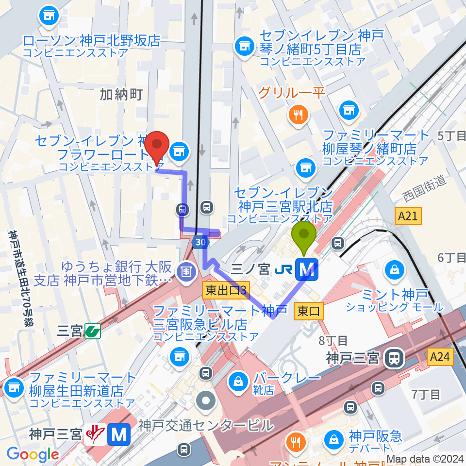 神戸BLUEPORTの最寄駅三ノ宮駅からの徒歩ルート（約3分）地図