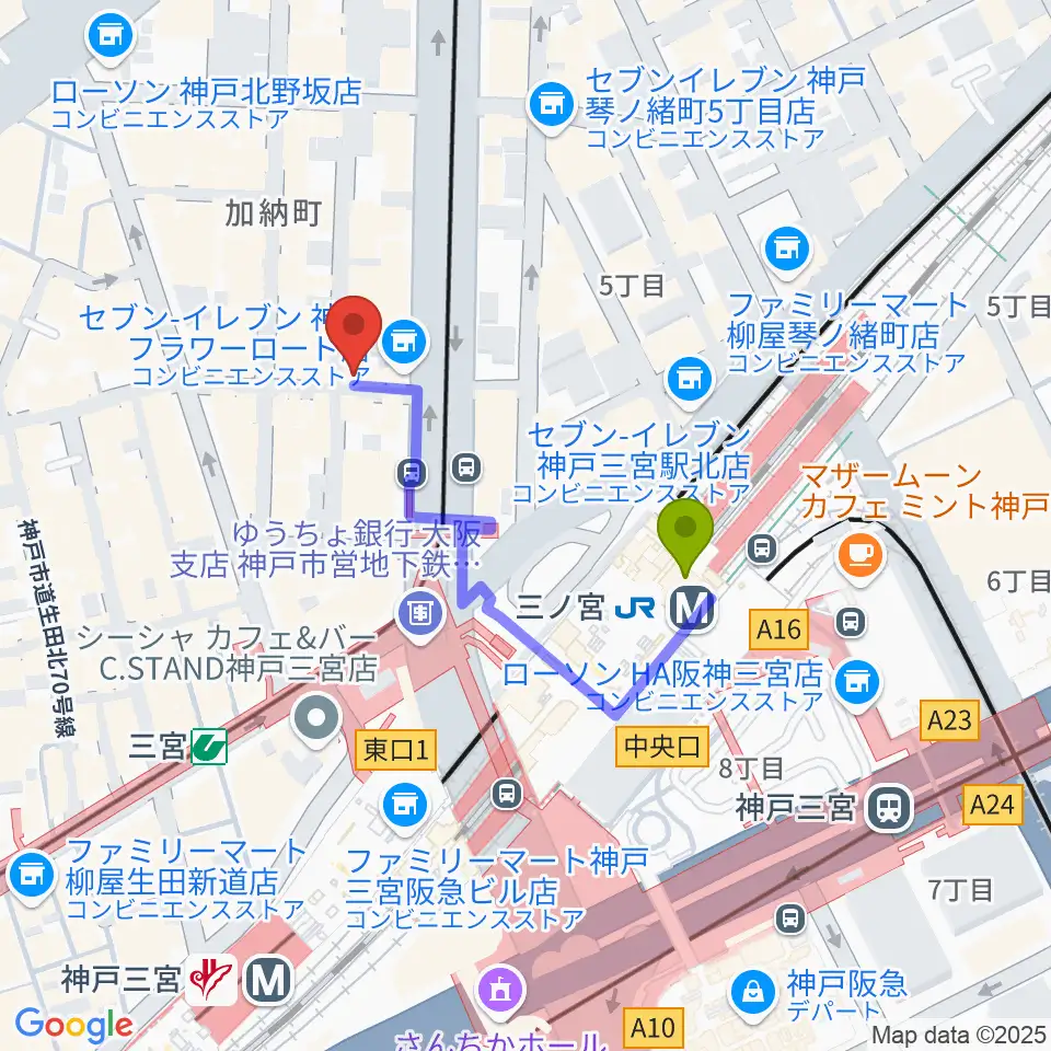 神戸BLUEPORTの最寄駅三ノ宮駅からの徒歩ルート（約3分）地図