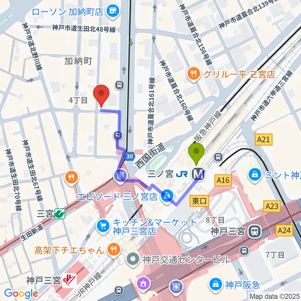 神戸BLUEPORTの最寄駅三ノ宮駅からの徒歩ルート（約3分）地図