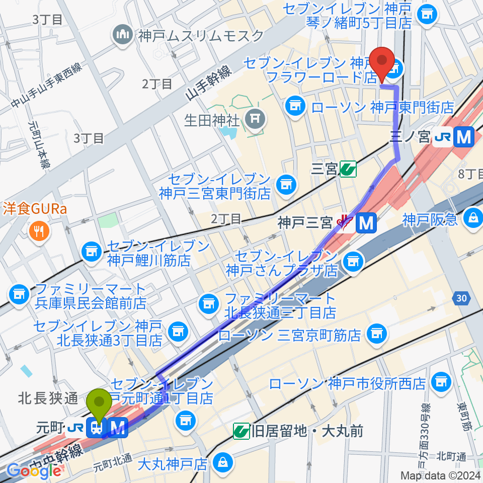 元町駅から神戸BLUEPORTへのルートマップ地図