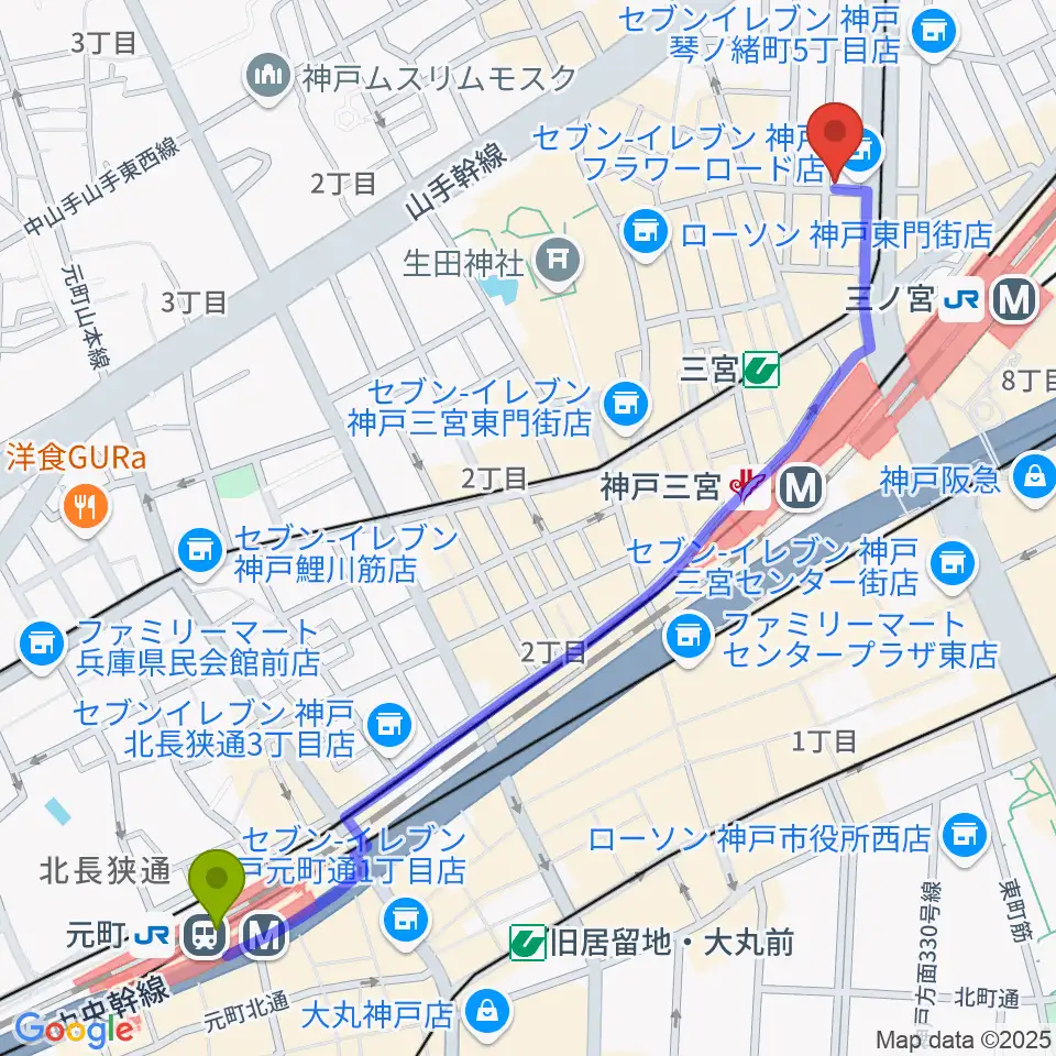 元町駅から神戸BLUEPORTへのルートマップ地図