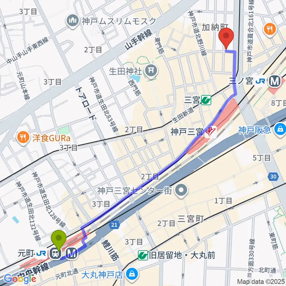 元町駅から神戸BLUEPORTへのルートマップ地図
