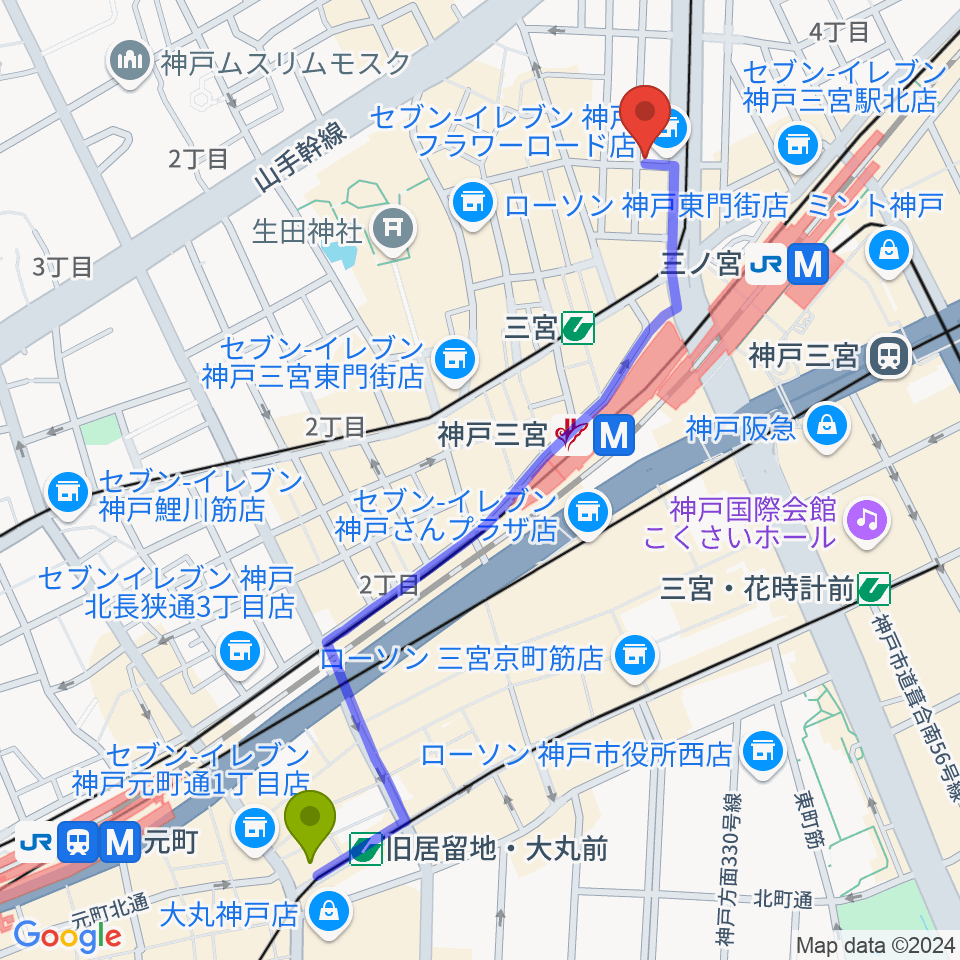 旧居留地・大丸前駅から神戸BLUEPORTへのルートマップ地図