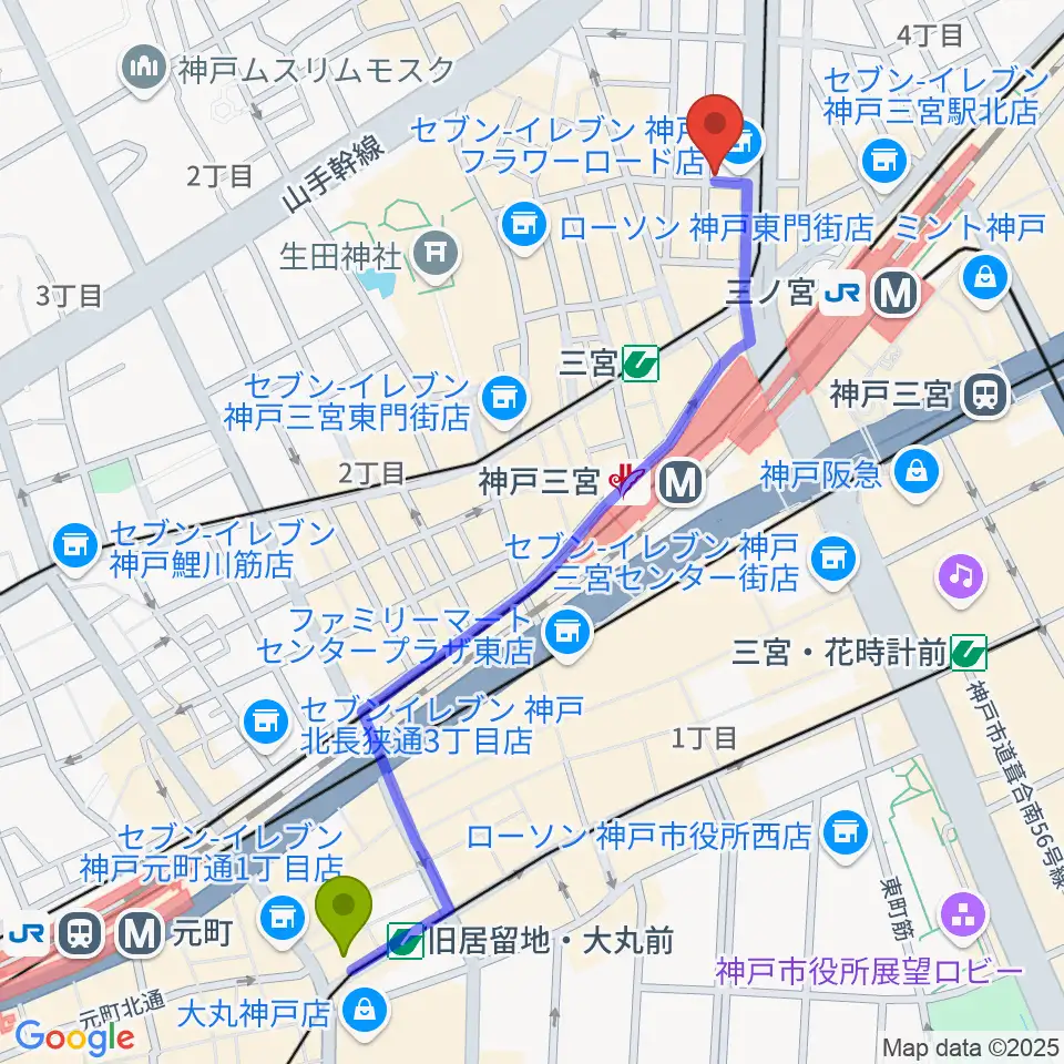 旧居留地・大丸前駅から神戸BLUEPORTへのルートマップ地図