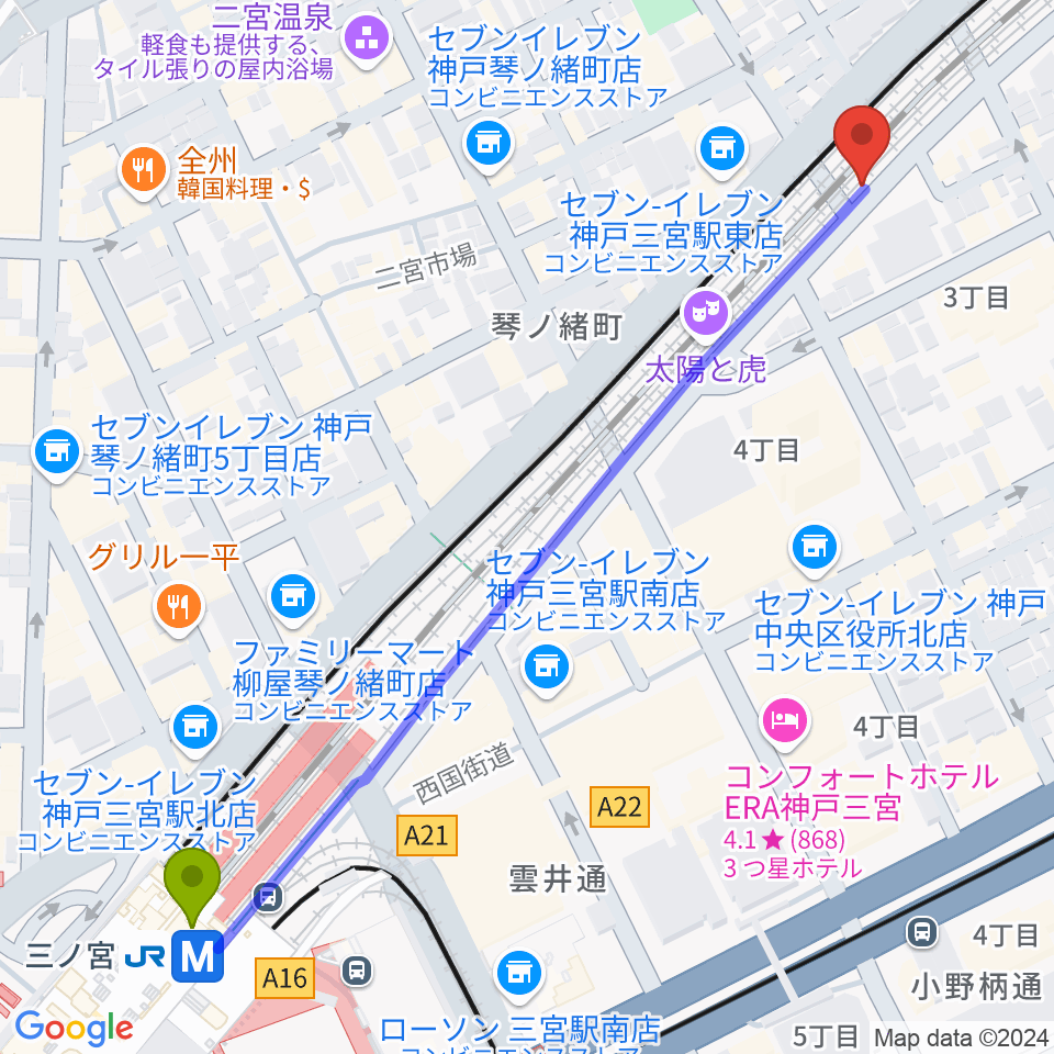 神戸108の最寄駅三ノ宮駅からの徒歩ルート（約7分）地図