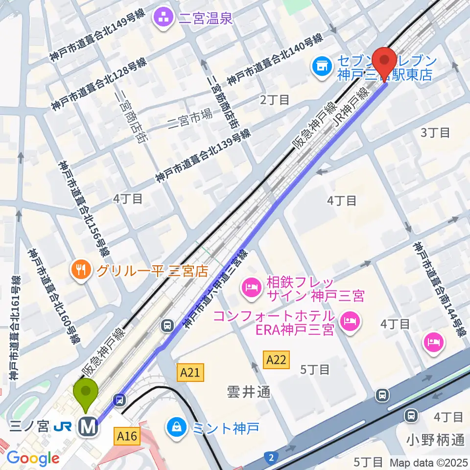 神戸108の最寄駅三ノ宮駅からの徒歩ルート（約7分）地図