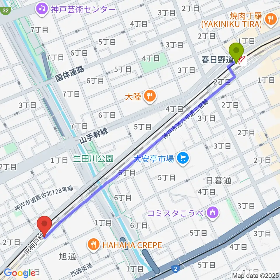 春日野道駅から神戸108へのルートマップ地図