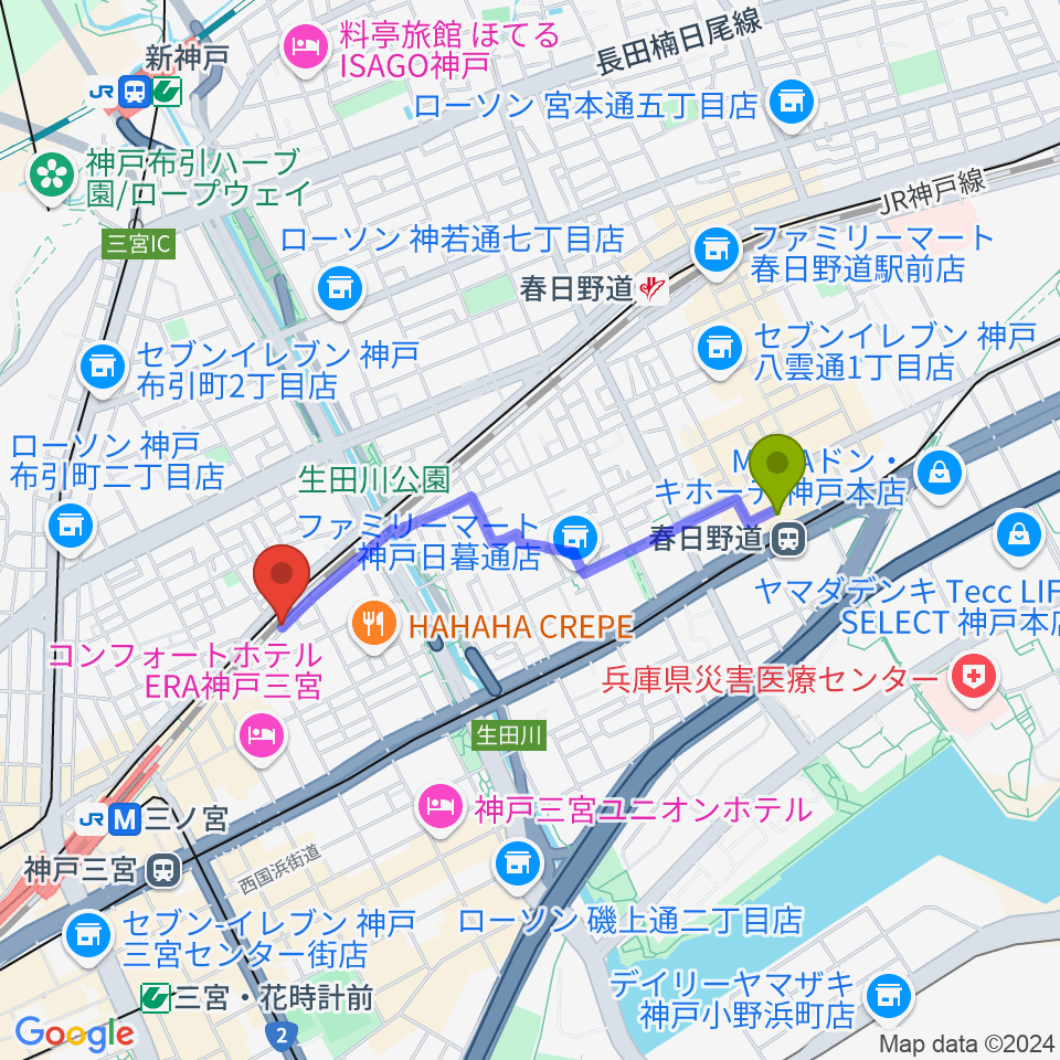 春日野道駅から神戸108へのルートマップ地図