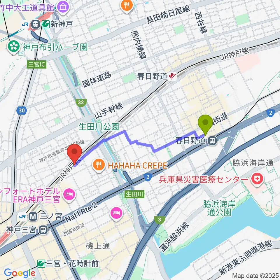春日野道駅から神戸108へのルートマップ地図