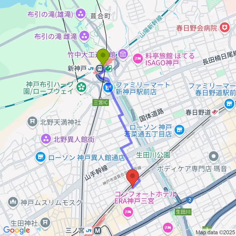新神戸駅から神戸108へのルートマップ地図