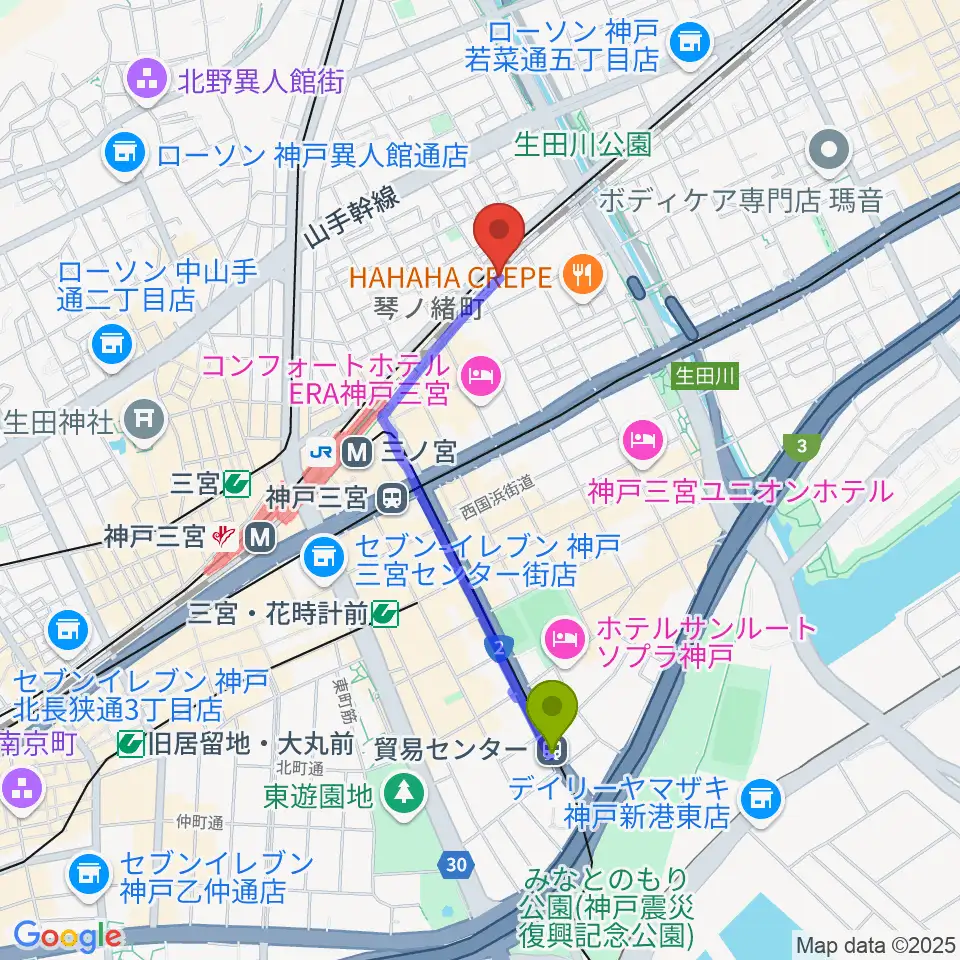 貿易センター駅から神戸108へのルートマップ地図