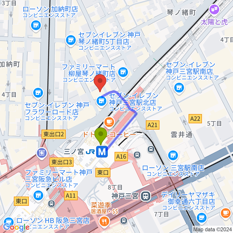 神戸グレートブルーの最寄駅三ノ宮駅からの徒歩ルート（約2分）地図