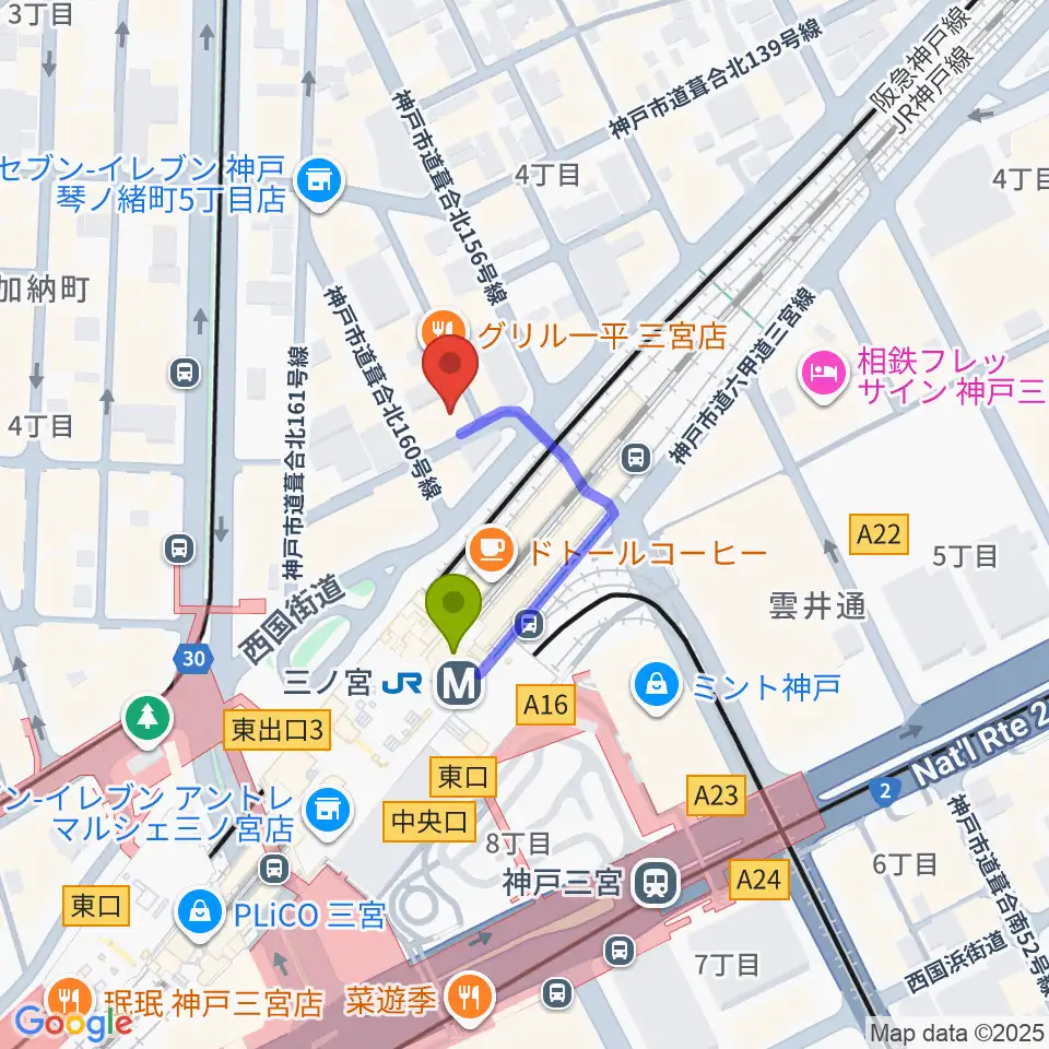 神戸グレートブルーの最寄駅三ノ宮駅からの徒歩ルート（約2分）地図